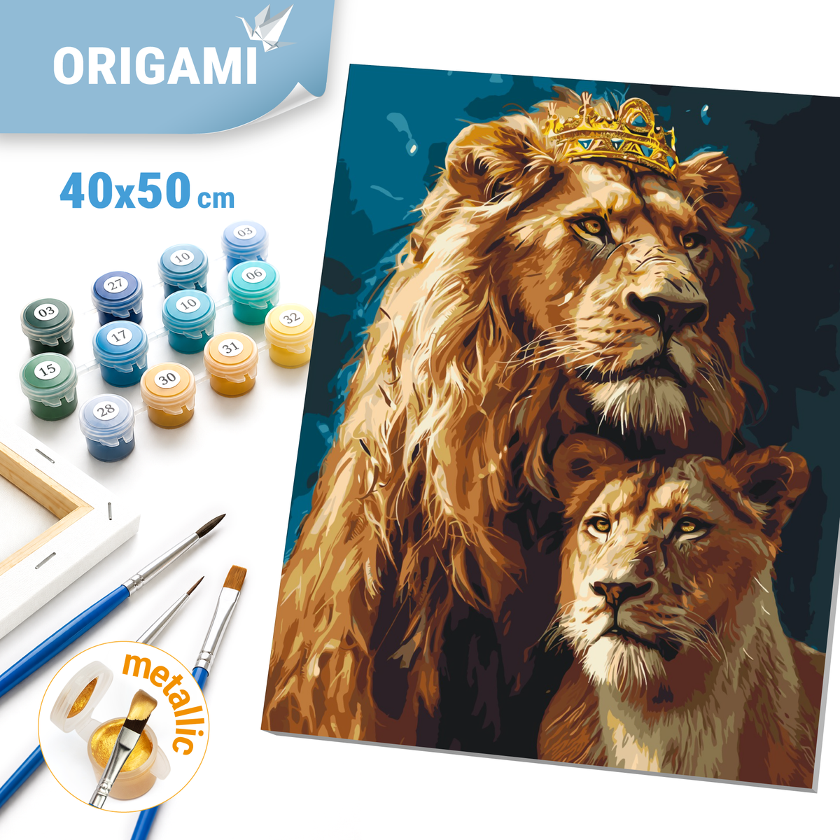 Paint by Numbers on a 40*50 cm frame Animals. Lion and Lioness with Metallic Paints LW 0320