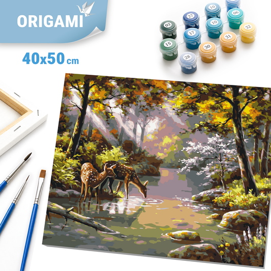 Malowanie po numerach 40x50 cm – Pejzaż. Sarny przy wodopoju LW 3008