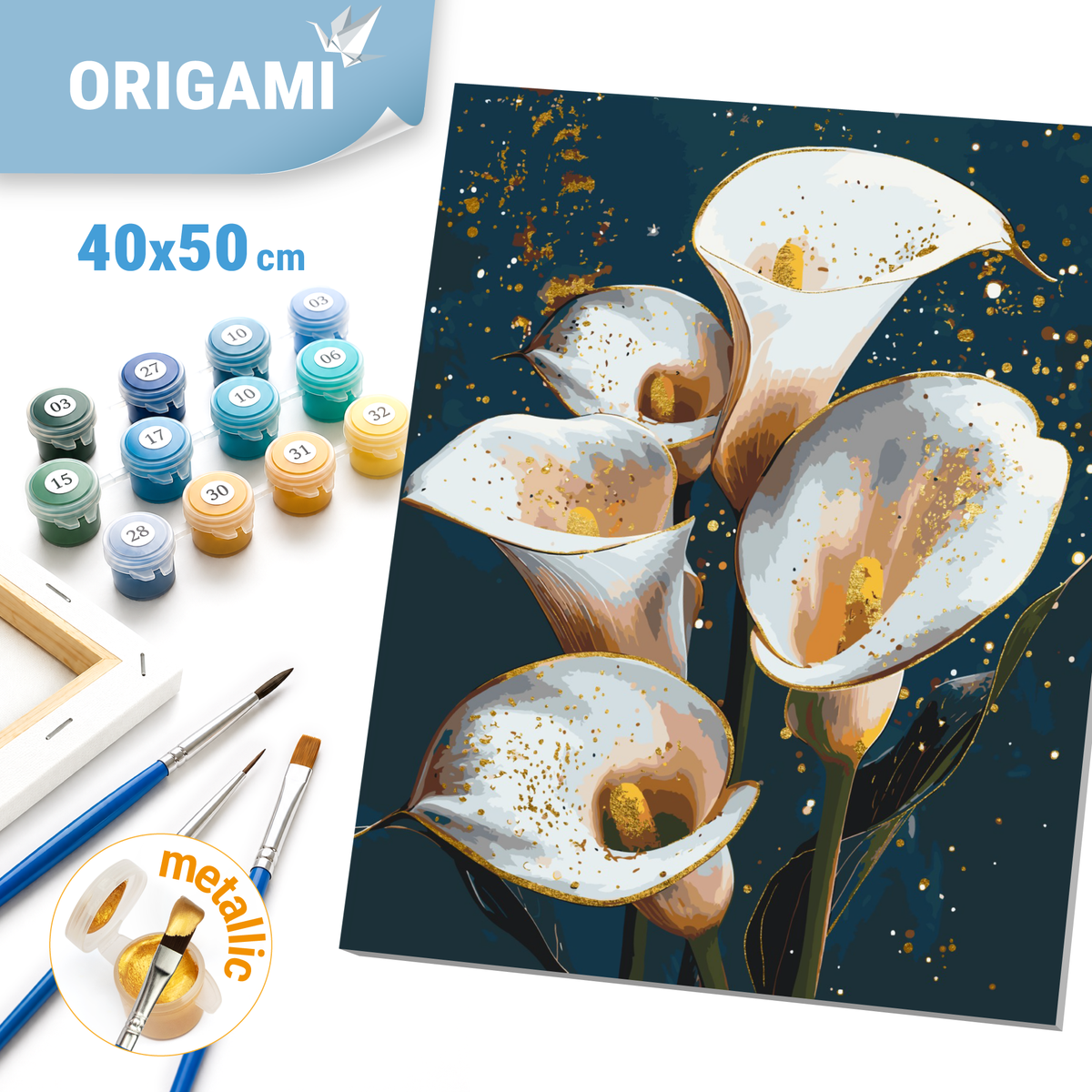 Paint by Numbers on a 40*50 cm frame White calla lilies. Flowers with Metallic Paints LW 30360