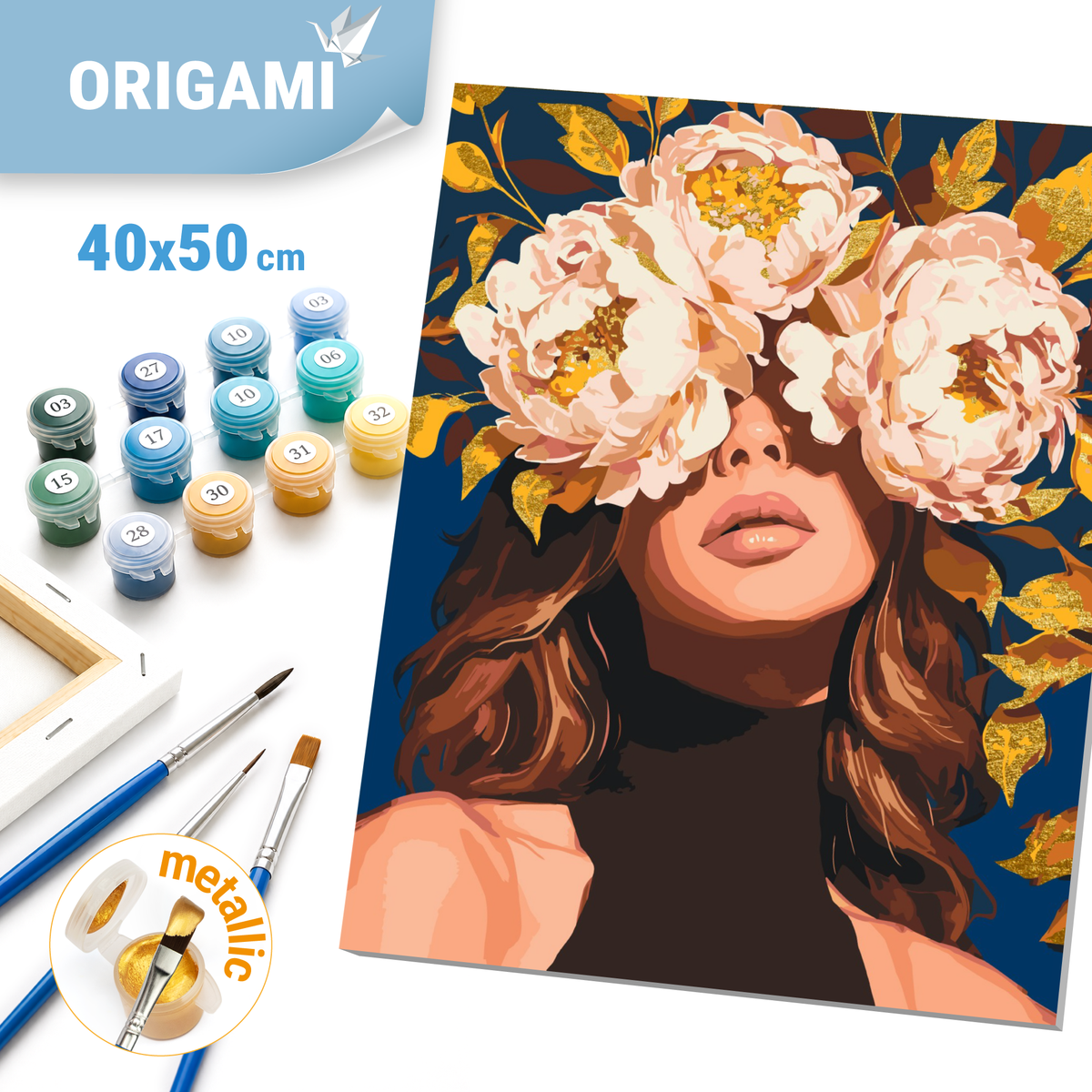 Malowanie po numerach 40×50 cm – Dziewczyna w delikatnych piwoniach – Ludzie/Kwiaty – LW 30521