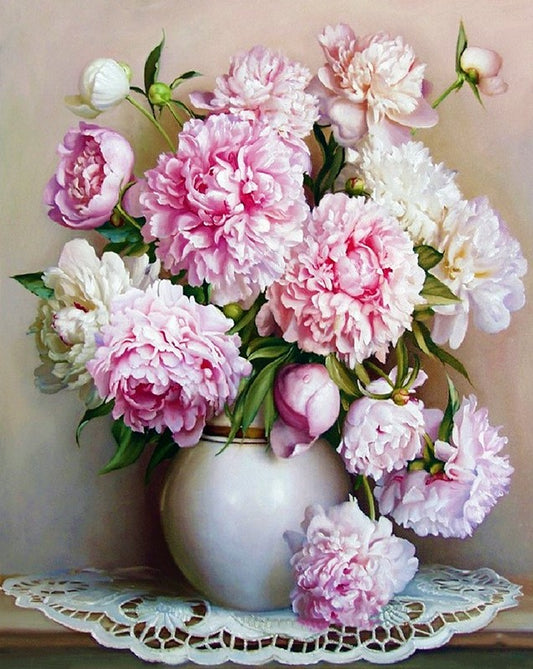 Maľovanie podľa čísel na ráme 40*50 cm – Pivónie vo váze. Kvety - LW 3068