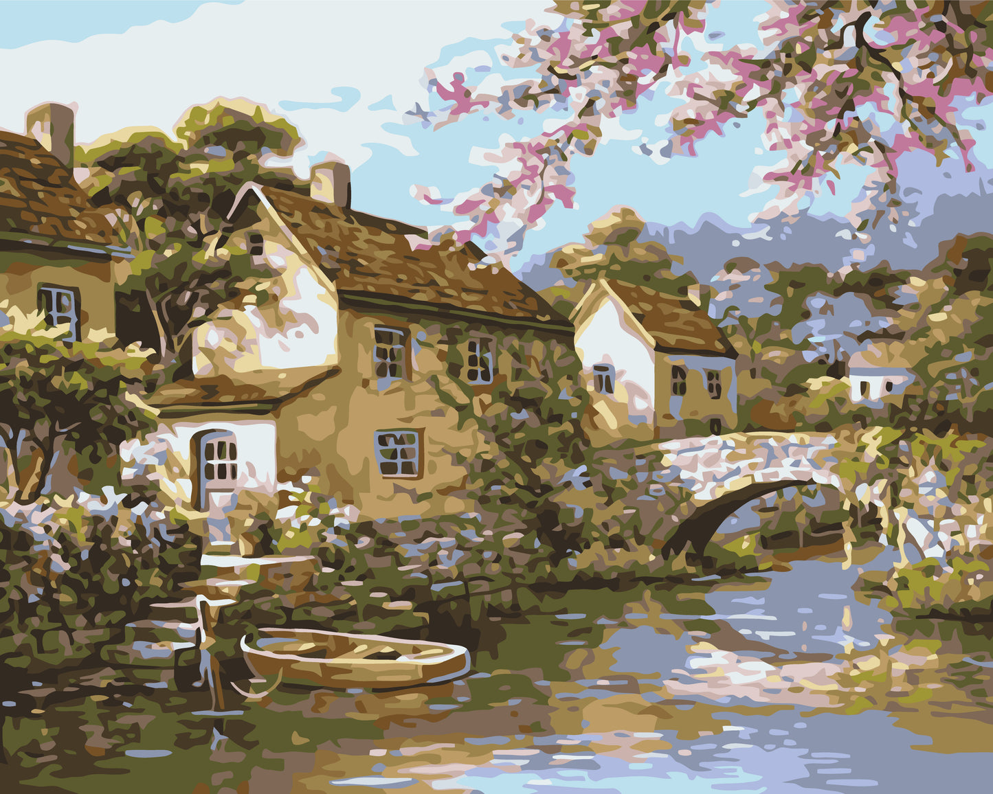 Malowanie po numerach 40x50 cm pejzaż – Wioska nad rzeką LW 3072
