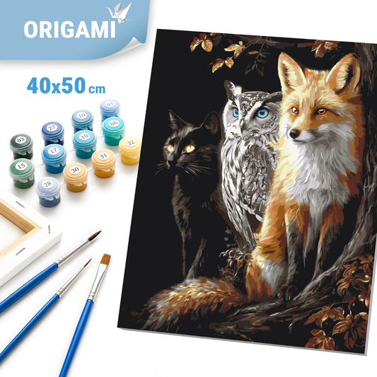 Paint by Numbers on a 40x50 cm frame - Fox, Owl and Cat in the Night Forest - Animals - LW 3141-01