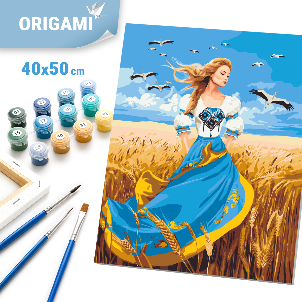 Malowanie po numerach 40×50 cm – Dziewczyna w niebiesko-żółtej sukience – Ludzie – LW 32580