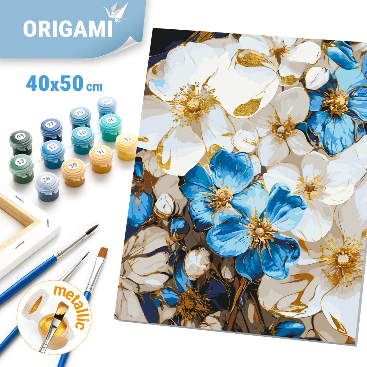 Paint by Numbers on a 40*50 cm frame Blue and white flowers with Metallic Paints LW 3293
