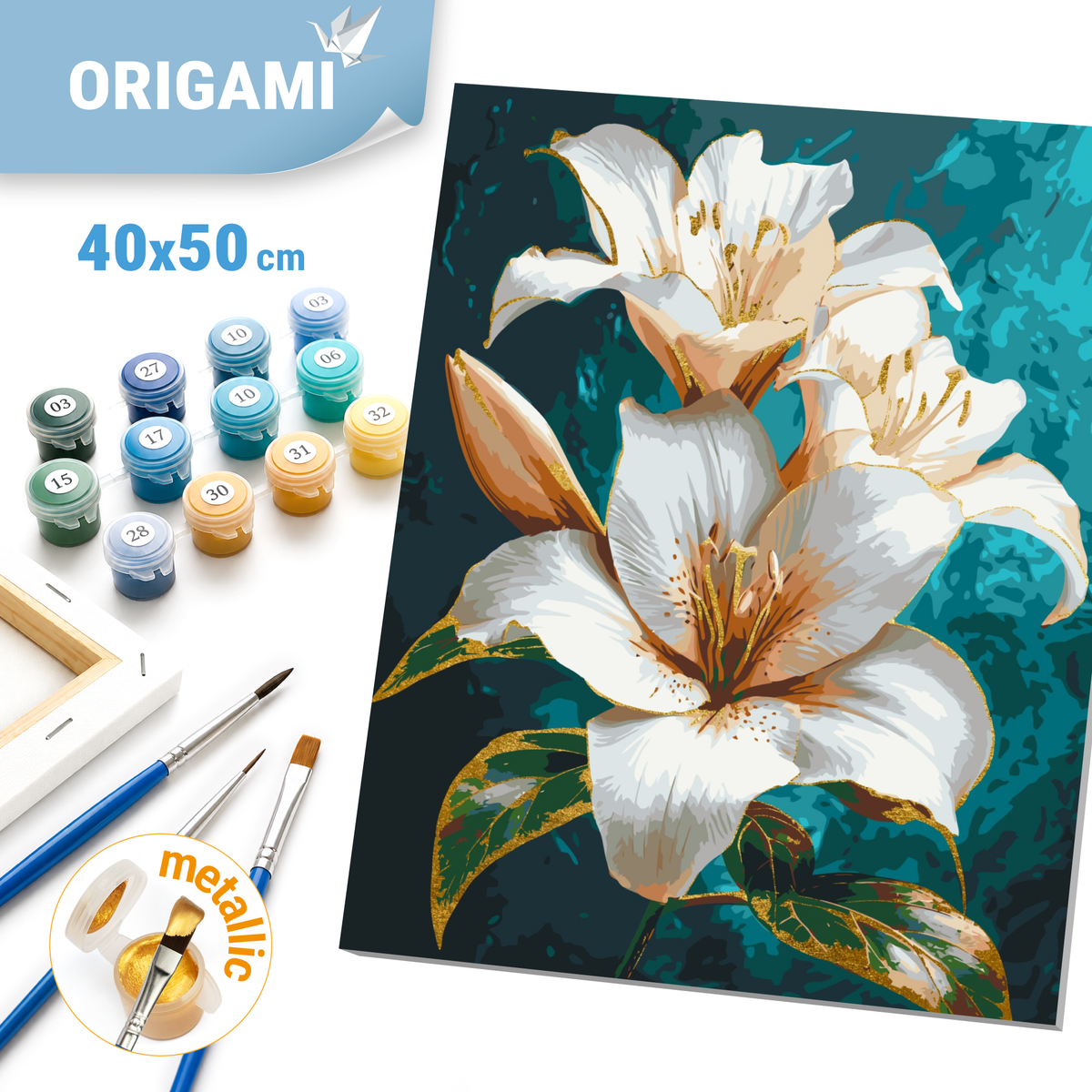 Malowanie po numerach 40×50 cm – Lilia wodna – Kwiaty z farbami metalicznymi – LW 3294