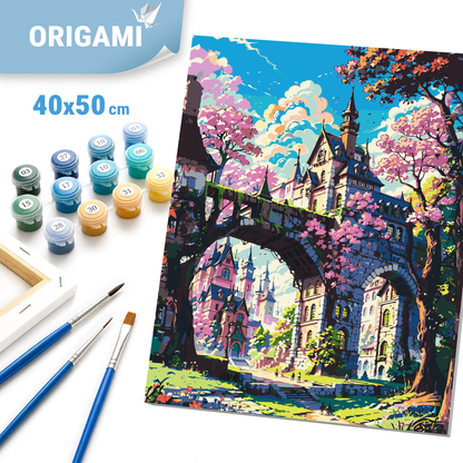 Malowanie po numerach 40×50 cm – Baśniowy zamek w kwiatach sakury – Pejzaż – LW 3331