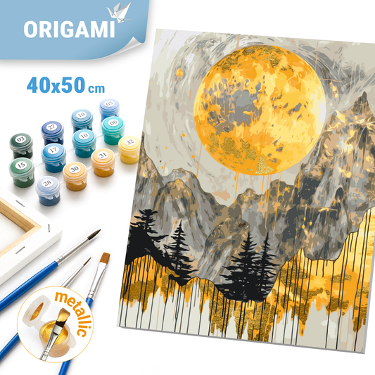 Maľovanie podľa čísel na ráme 40*50 cm - Tajomné hory s metalickými farbami - Krajinka - LW 3426