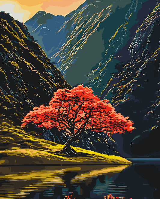 Paint by Numbers on a 40*50 cm frame - Landscape - Tree between Mountains LW 3514