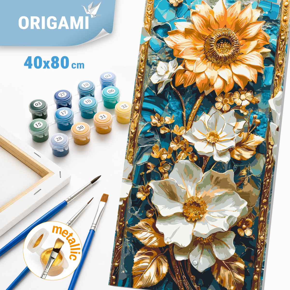 Malowanie po numerach 40×80 cm – Delikatne kwiaty – Kwiaty z farbami metalicznymi – LW 5101