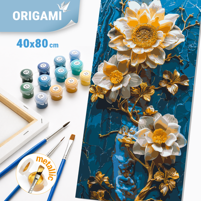 Malowanie po numerach 40×80 cm – Kwiaty na niebieskim tle – Kwiaty z farbami metalicznymi – LW 5102