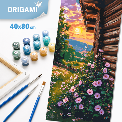 Malowanie po numerach 40×80 cm – Kwiatowy letni wieczór – Pejzaż/Kwiaty – LW 5114