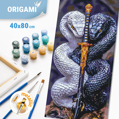 Malowanie po numerach 40×80 cm – Strażnicy miecza (węże) – Zwierzęta z farbami metalicznymi – LW 5136