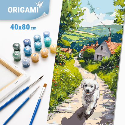 Malowanie po numerach 40×80 cm – Szczęśliwy szczeniak – Zwierzęta/Pejzaż – LW 5165