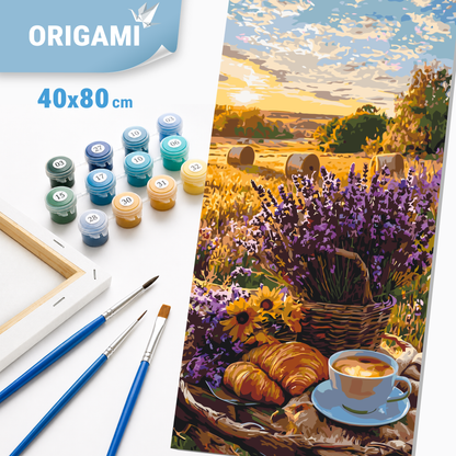 Malowanie po numerach 40×80 cm – Lawendowy poranek – Pejzaż/Kwiaty – LW 5190