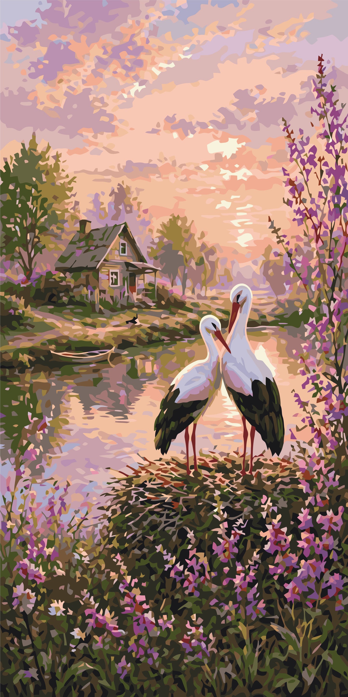 Malowanie po numerach 40×80 cm – Bociany na szczęście – Zwierzęta/Pejzaż – LW 5215