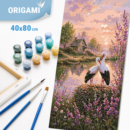Malowanie po numerach 40×80 cm – Bociany na szczęście – Zwierzęta/Pejzaż – LW 5215