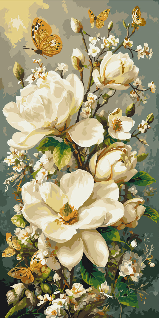 Malowanie po numerach 40x80 cm - Magnolie i motyle (metalik) LW 5218