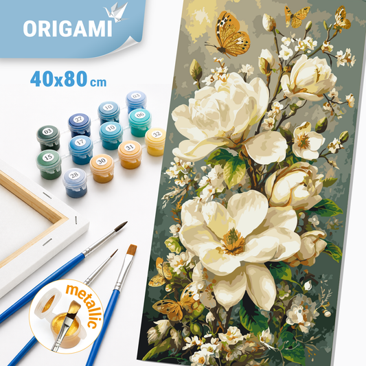 Malowanie po numerach 40x80 cm - Magnolie i motyle (metalik) LW 5218