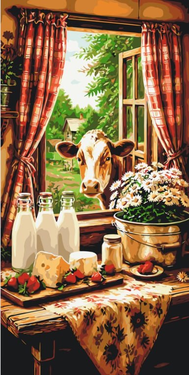 Malowanie po numerach 40x80 cm - Wiejska sielanka z krową LW 5219