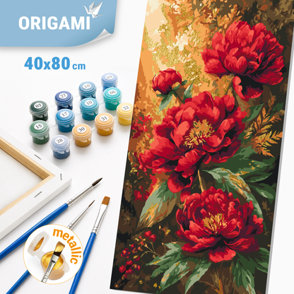 Malowanie po numerach 40×80 cm – Jasne piwonie – Kwiaty z farbami metalicznymi – LW 5224