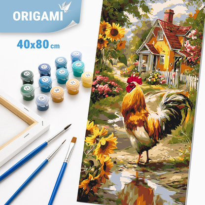 Malowanie po numerach 40×80 cm – Kogut przy chatce – Zwierzęta/Pejzaż – LW 5228