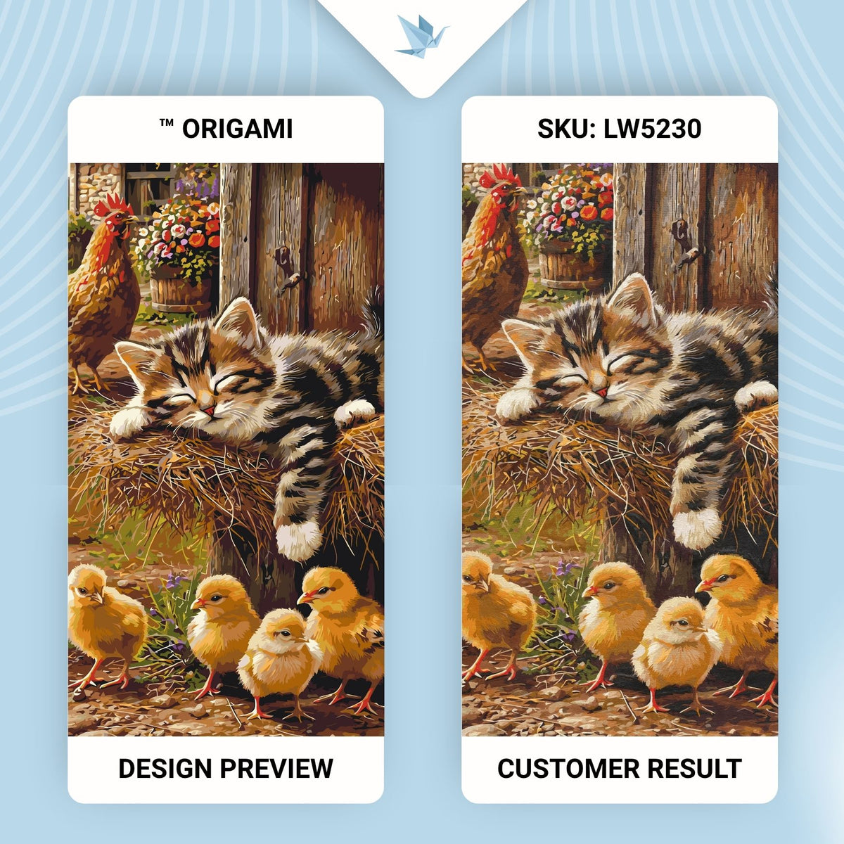 Malowanie po numerach 40×80 cm – Słodki sen: kociątko, kogut i kurczątka – Zwierzęta – LW 5230