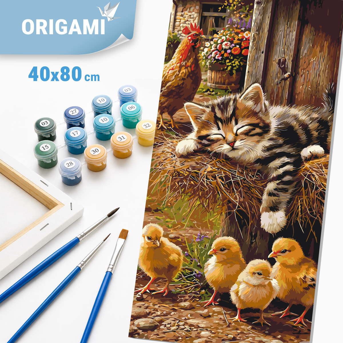 Malowanie po numerach 40×80 cm – Słodki sen: kociątko, kogut i kurczątka – Zwierzęta – LW 5230