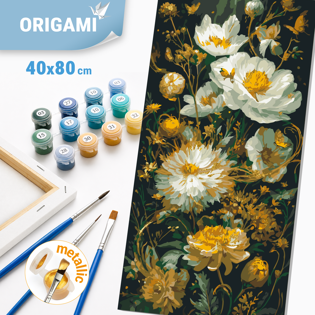 Malowanie po numerach 40×80 cm – Piwonie – Kwiaty z farbami metalicznymi – LW 5232