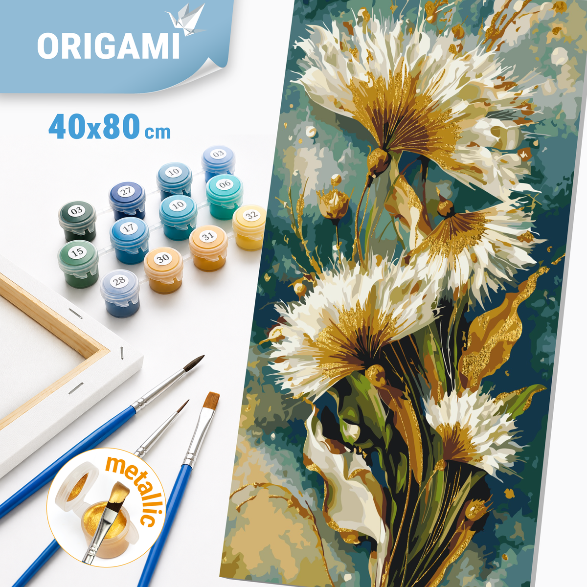 Malowanie po numerach 40×80 cm – Mniszki lekarskie – Kwiaty z farbami metalicznymi – LW 5233
