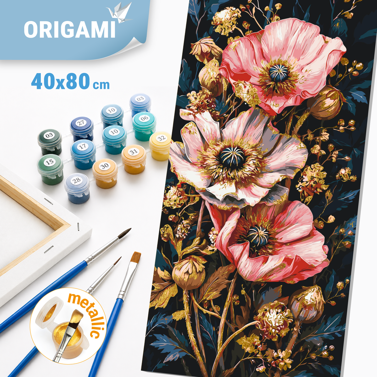 Malowanie po numerach 40×80 cm – Maki – Kwiaty z farbami metalicznymi – LW 5235