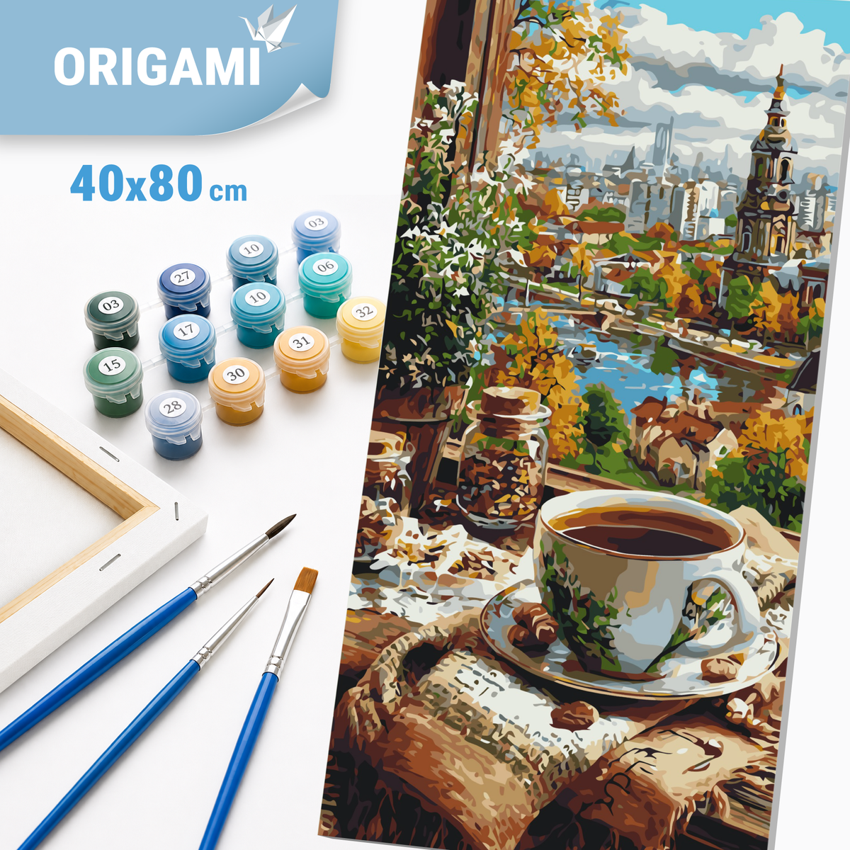 Malowanie po numerach 40×80 cm – Kawa z widokiem na stare miasto – Pejzaż/Martwa natura – LW 5239