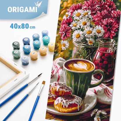 Malowanie po numerach 40×80 cm – Poranna kawa z donutem i kwiatami – Martwa natura/Kwiaty – LW 5243