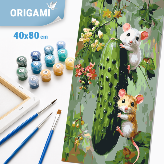 Paint by Numbers on a 40x80 cm frame - Pair of Mice with a Cucumber - Animals - LW 5244