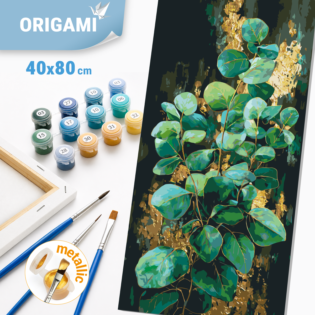 Malowanie po numerach 40×80 cm – Eukaliptus – Kwiaty z farbami metalicznymi – LW 5252