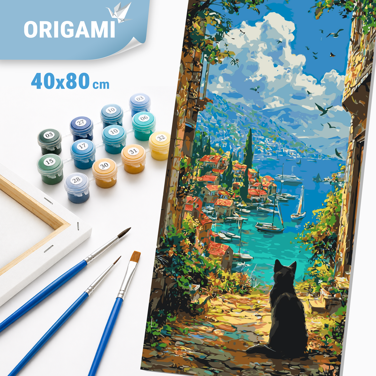 Malowanie po numerach 40×80 cm – Czarny kot nad morską zatoką – Pejzaż/Zwierzęta – LW 5257