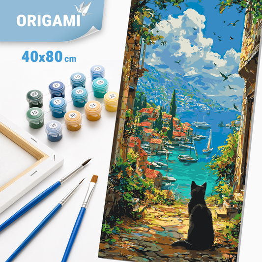 Paint by Numbers on a 40x80 cm frame - Black Cat over a Sea Bay - Landscape/Animals - LW 5257