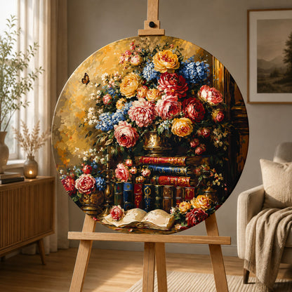 Okrągłe malowanie po numerach Ø45 cm – Kwiaty/Martwa natura – Biblioteka z różami – OR 2031