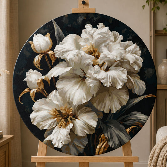 Okrúhle maľovanie podľa čísel Ø45 cm – Ušľachtilé kosatce s metalickými farbami – OR 2041