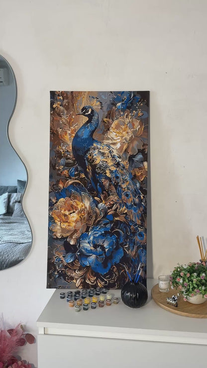 Malowanie po numerach 40x80 cm - Paw w kwiatach (metalik) LW 5183
